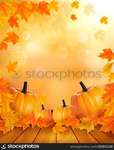 Nature background with autumn leaves and wooden sign Vector