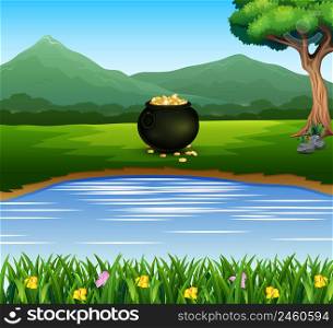 Nature background with black pot of coins