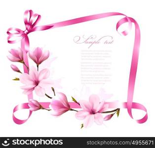 Nature background with blossom branch of magnolia and pink ribbon. Vector
