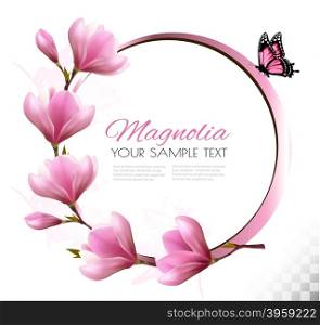 Nature background with blossom branch of pink flowers and butterfly. Vector