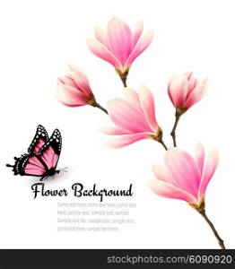 Nature background with blossom branch of pink flowers and butterfly. Vector