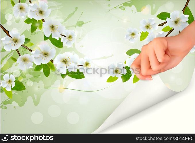 Nature background with blossoming tree brunch and flowers and hand. Vector illustration.