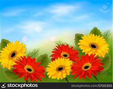 Nature background with colorful beautiful flowers and blue sky. Vector illustration