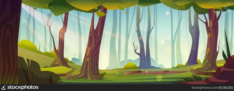 Nature background with forest landscape with trees, green grass and bushes. Summer scene of woods, park or garden in daylight. Nature panorama with forest glade, vector cartoon illustration. Nature background with forest landscape