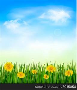 Nature background with green grass and flowers and blue sky. Vector