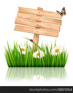 Nature background with green grass and flowers and wooden sign Vector.