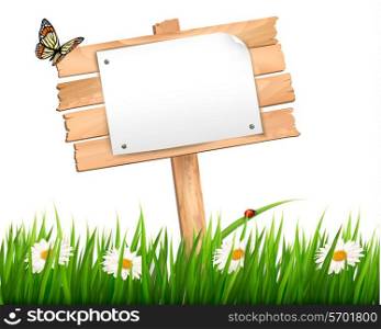 Nature background with green grass and flowers and wooden sign Vector.