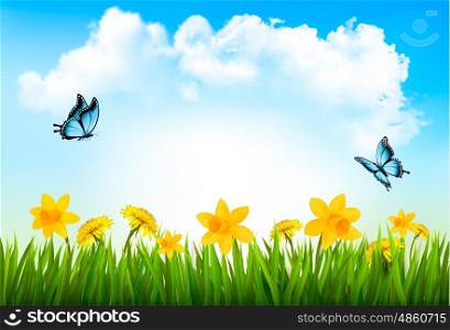 Nature background with green grass, flowers and a butterfly. Vector.