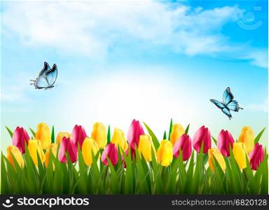 Nature background with green grass, flowers and a butterfly. Vector.