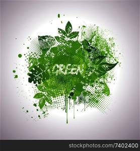 Nature background with green ink blots and fresh leaves.
