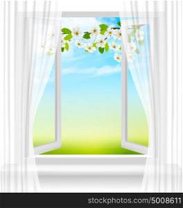 Nature background with open window and spring blossom of cherry. Vector