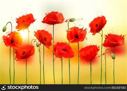 Nature background with red beauty poppies. Vector.
