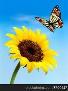 Nature background with sunflower and butterfly. Vector illustration.