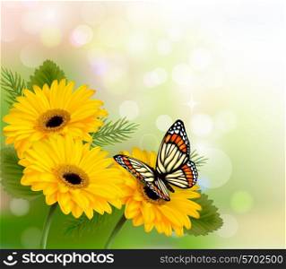Nature background with yellow beautiful flowers and butterfly. Vector illustration