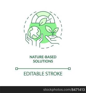 Nature based solutions green concept icon. Dealing with pollutions. Global net zero abstract idea thin line illustration. Isolated outline drawing. Editable stroke. Arial, Myriad Pro-Bold fonts used. Nature based solutions green concept icon