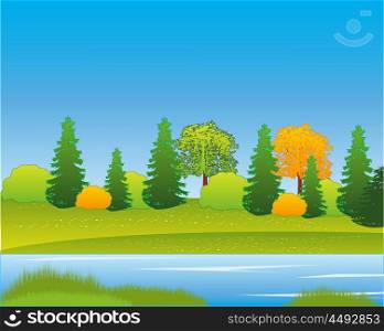 Nature beside yard. The Calm river on nature by early autumn.Vector illustration