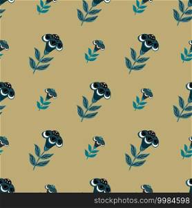 Nature botanic seamless pattern with navy blue flower folk silhouettes ornament. Beige background. Designed for fabric design, textile print, wrapping, cover. Vector illustration. Nature botanic seamless pattern with navy blue flower folk silhouettes ornament. Beige background.
