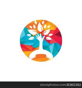 Nature call vector logo design. Handset and hand tree icon design template. 