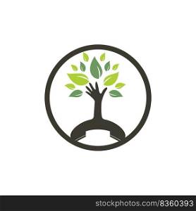 Nature call vector logo design. Handset and hand tree icon design template.	