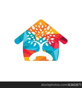 Nature call vector logo design. Handset and human tree with home shape icon design template. 