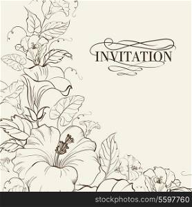 Nature card with blooming hibiscus. Vector illustration.