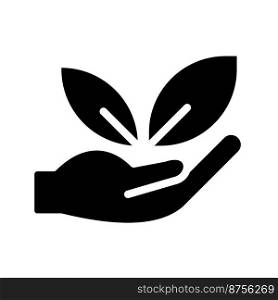 Nature care black glyph icon. Restoration of wild flora. Plants cultivation program. Gardening industry. Silhouette symbol on white space. Solid pictogram. Vector isolated illustration. Nature care black glyph icon
