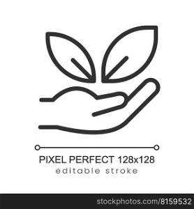 Nature care pixel perfect linear icon. Restoration of wild flora. Plants cultivation. Thin line illustration. Contour symbol. Vector outline drawing. Editable stroke. Poppins font used. Nature care pixel perfect linear icon