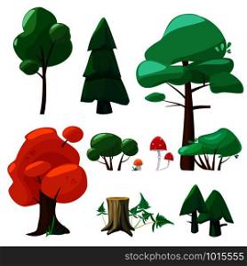 Nature cartoon elements. Game ui collection of trees shrubs hemp branches roots stones leaves puddles weather vector symbols cartoon. Forest tree and mushroom for game interface illustration. Nature cartoon elements. Game ui collection of trees shrubs hemp branches roots stones leaves puddles weather vector symbols cartoon