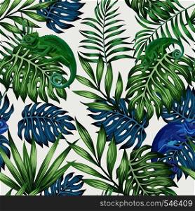 Nature chameleon exotic blue and green tropical leaves seamless pattern on the vector white background