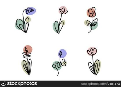 Nature continuous line art graphic flowers illustration. Elegant decoration on white background in trendy vector style. Beautiful illustration for decorative design.