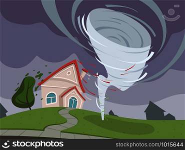 Nature disaster background. Weather environmental damage dramatic apocalypse vector cartoon. Storm hurricane and disaster, tornado and cyclone destruction illustration. Nature disaster background. Weather environmental damage dramatic apocalypse vector cartoon