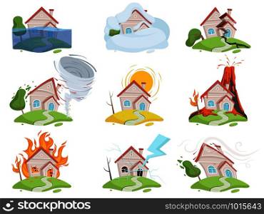 Nature disaster damage. Fire volcano water wind tree destruction tsunami vector cartoon pictures. Illustration of disaster house, catastrophe flood and snow, lightning and destruction. Nature disaster damage. Fire volcano water wind tree destruction tsunami vector cartoon pictures