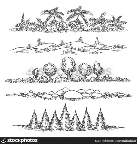 Nature doodle landscapes. Hand drawn landscapes with trees and stones, hills and palm jungle