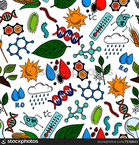 Nature ecosystem and natural phenomena seamless background. Wallpaper with vector pattern icons of organic elements wind, rain, dna, cell, bacteria, microbe, microorganism, molecule, plant, sun, water thermometer. Nature ecosystem symbols seamless background