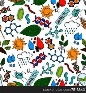 Nature ecosystem and natural phenomena seamless background. Wallpaper with vector pattern icons of organic elements wind, rain, dna, cell, bacteria, microbe, microorganism, molecule, plant, sun, water thermometer. Nature ecosystem symbols seamless background