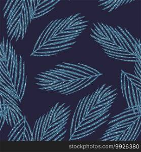 Nature fir tree branches seamless doodle pattern. Random print in blue tones palette. Decorative backdrop for fabric design, textile print, wrapping, cover. Vector illustration.. Nature fir tree branches seamless doodle pattern. Random print in blue tones palette.