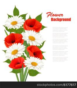 Nature flower background with red poppies and white daisies. Vector.