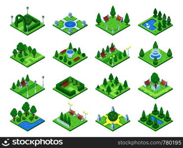 Nature forest elements, plants symbol and green trees for city 3d isometric game map town grass garden plant. Isolated park ecology landscape tree bush realistic vector icons set. Nature forest elements, plants symbol and green trees for city 3d isometric game map. Isolated park tree vector icons set