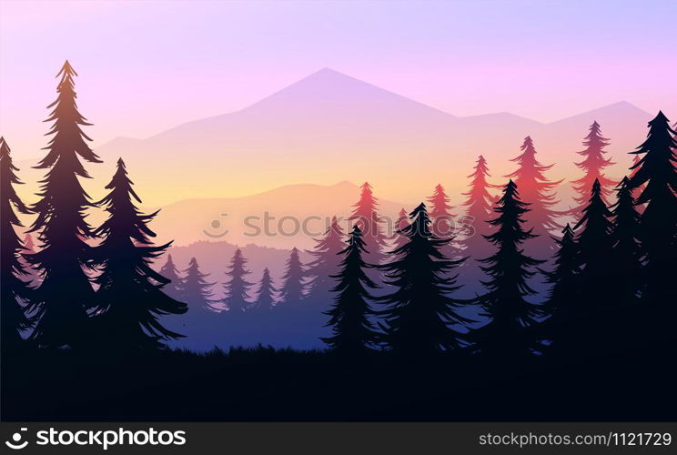 Nature forest Natural Pine forest mountains horizon Landscape wallpaper Sunrise and sunset Illustration vector style colorful view background