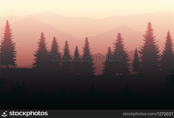 Nature forest Natural Pine forest mountains horizon Landscape wallpaper Sunrise and sunset Illustration vector style colorful view background