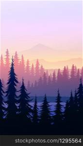 Nature forest Natural Pine forest mountains horizon Landscape wallpaper Sunrise and sunset Illustration vector style colorful view background