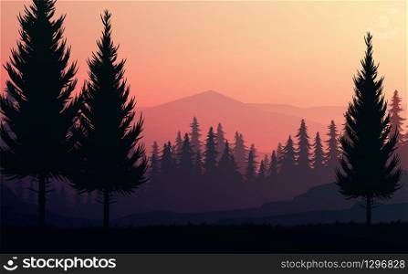 Nature forest Natural Pine forest mountains horizon. Landscape wallpaper. Sunrise and sunset. Illustration vector style colorful view background.
