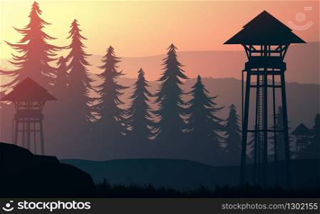 Nature forest Natural Pine forest mountains horizon. Landscape wallpaper. Sunrise and sunset. Illustration vector style colorful view background.