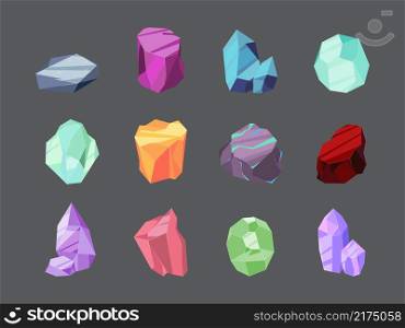 Nature gems. Brilliant gemstones luxury diamond ruby quartz crystal polygonal 3d forms uncut stones garish vector isolated pictures. Illustration gemstone diamond, brilliant stone. Nature gems. Brilliant gemstones luxury diamond ruby quartz crystal polygonal 3d forms uncut stones garish vector isolated pictures