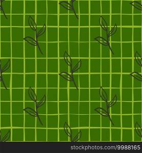 Nature geometric seamless pattern with doodl outline leaves branches. Green chequered background. Decorative backdrop for fabric design, textile print, wrapping, cover. Vector illustration.. Nature geometric seamless pattern with doodl outline leaves branches. Green chequered background.