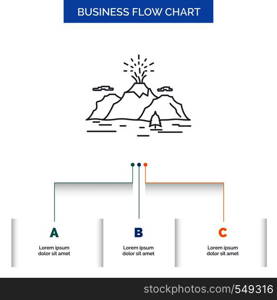 Nature, hill, landscape, mountain, blast Business Flow Chart Design with 3 Steps. Line Icon For Presentation Background Template Place for text. Vector EPS10 Abstract Template background