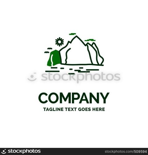 Nature, hill, landscape, mountain, scene Flat Business Logo template. Creative Green Brand Name Design.
