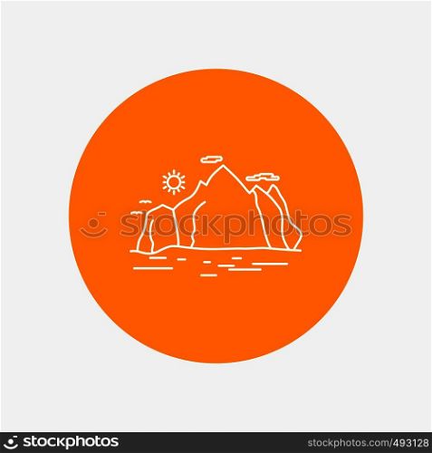 Nature, hill, landscape, mountain, scene White Line Icon in Circle background. vector icon illustration. Vector EPS10 Abstract Template background