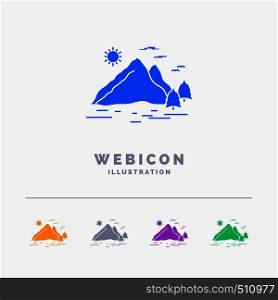 Nature, hill, landscape, mountain, sun 5 Color Glyph Web Icon Template isolated on white. Vector illustration. Vector EPS10 Abstract Template background