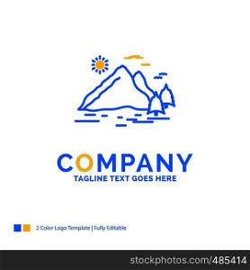 Nature, hill, landscape, mountain, sun Blue Yellow Business Logo template. Creative Design Template Place for Tagline.